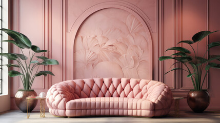 Wall Mural - Pink tufted curved round sofa and pouf against terra cotta classic wall panels. Art deco style home interior design of modern living room. Generative AI