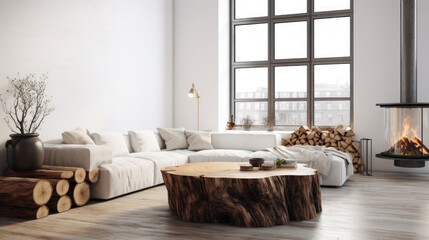 Wall Mural - Rustic live edge coffee table made from tree trunk log near fireplace against white sofa. Scandinavian home interior design of modern living room with big windows. Generative AI