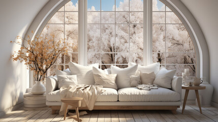 Wall Mural - White fabric sofa against of big french window. Scandinavian interior design of modern living room. Generative AI
