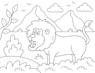 Sticker - animal coloring page. angry lion in nature. you can print it on standard 8.5x11 inch paper