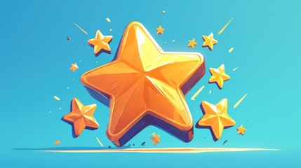 Wall Mural - A cartoon rendering showcases a five star rating nestled inside a speech bubble against a vibrant blue backdrop