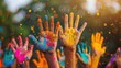 Holi Celebration: Joyful Hands in Colorful Air