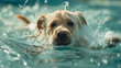 A focused shot of a cute dog swimming adeptly in a pool with water splashing around its snout