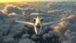 Private jet soaring above vibrant sunset clouds, embodying elegance in air travel.