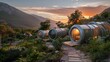 Nestled in a mountainous region these pod hotels offer guests a tranquil escape where they can sleep under a blanket of stars and wake up to breathtaking sunrise views. 2d flat cartoon.
