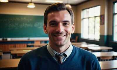 photograph portrait of male teacher smiling in classroom