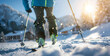 Dynamic Skier Descending Sunlit Winter Slope with Ski Pole