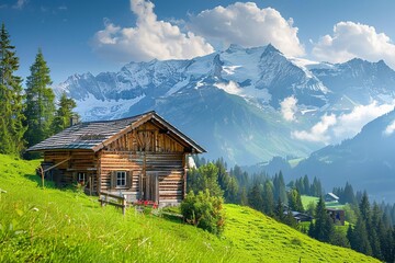 Canvas Print - A wooden house over a lonely green mountain and blue sky a beautiful environment with a big space for text or traveling product advertisement, Generative AI.