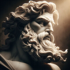 Wall Mural - Handsome marble statue of powerful greek god Zeus over dark background, The powerful king of the gods in ancient Greek religion.	