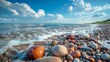 A beautiful summer beach view with big and small stones with a big space for text, backdrop or tourism type package advertisement, Generative AI.