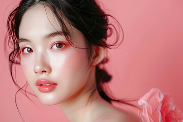 Wall Mural - Young Asian beauty woman pulled back hair with korean makeup style touch her face and perfect skin on isolated pink background. Facial treatment, Cosmetology, plastic surgery - generative ai