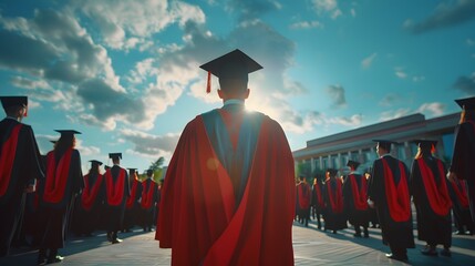 University graduates in graduation gowns and caps from behind during the commencement day.