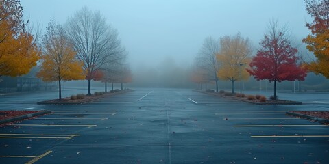 Wall Mural - An empty parking lot on a cold, wet, foggy evening. An atmosphere of peace, mystery and mysticism. Generative AI