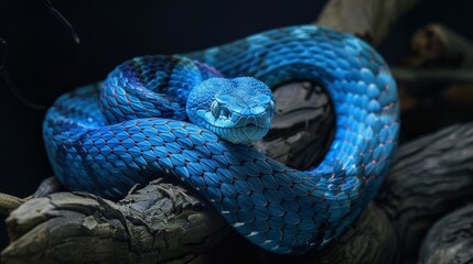 A blue viper snake curling up on a log