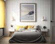 interior design of a minimalism contemporary bedroom, wood panel wall, bright room, decor painting, wall art, pendant lights, hanging lamps, simplicity, white, yellow, grey, AI