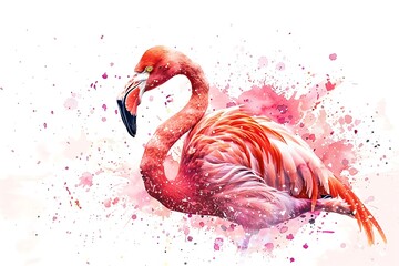 Wall Mural - Watercolor pink flamingo. Pink flamingo. Tropical exotic bird rose flamingo with watercolor splashes on white background. Watercolor hand drawn illustration. 
