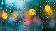 A close shot of raindrops on window with blurry city backdrop colorful lightings and blurry theme for text or backdrop, Generative AI.