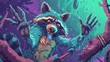 A mischievous raccoon is using its paws to swipe paint across a canvas, creating a chaotic yet strangely beautiful abstract artwork