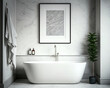 interior design of a minimalism contemporary bathroom, simplistic bathtub, wall art, decor, marble, plant, simplicity, white, grey, 3d, AI