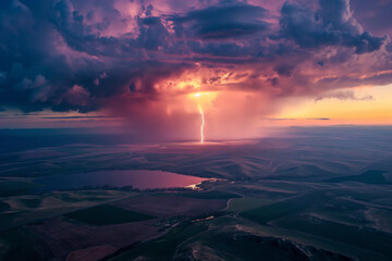 Wall Mural - The drama of a thunderstorm unfolds over patchwork fields, where a bolt of lightning pierces the twilight, illuminating a landscape caught between day and storm's shadow.