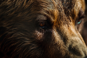 Wall Mural - Intimate portrait of a brown bear with a detailed focus on its eye and fur, highlighting the depth of its contemplative expression in the wild.