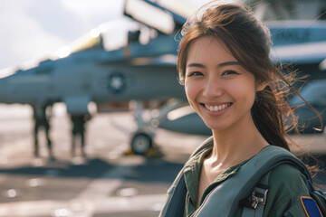 Wall Mural - Asian woman wearing air force uniform in the combat aircraft carrier