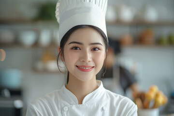Sticker - Asian woman wearing chef uniform in luxury hotel restaurant kitchen