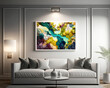 lighted living room, abstract wall decor painting of colourful riverbed, contemporary interior design, sofa, table, pendant light, hanging lamps, white, warm, AI