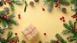 © Alpha - A vibrant top view scene featuring a festive gift, lush green fir branches, glossy berries, and natural fir cones on a pastel yellow background, perfect studio lighting