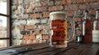 A close up photo of a large glass beer mug sitting on a wooden table in front of a brick wall.