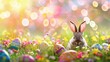 A cute bunny sits in a field of flowers and Easter eggs.