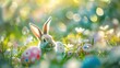 A cute bunny sits in a field of flowers and Easter eggs.