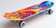 A vibrant colorful skateboard kept on clean white surface with a big space for text or sports type product advertisement, Generative AI.