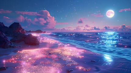 light blue beach covered with colored glowing glass, fluorescent ocean, moonlight, sparkling stars, 3d, ultra wide angle view, aerial view, ling stars moonlight on the ocean