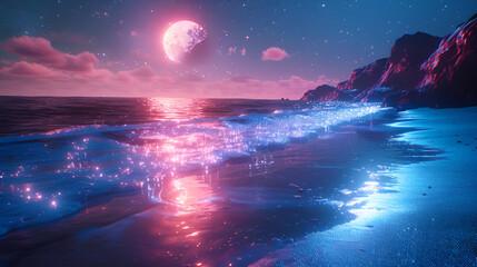 light blue beach covered with colored glowing glass, fluorescent ocean, moonlight,sparkling stars, 3