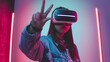 Illustration of a young woman donning vr headset making finger gestures for touching, zooming and swiping. women embrace virtual reality or metaverse innovation for 3d simulation
