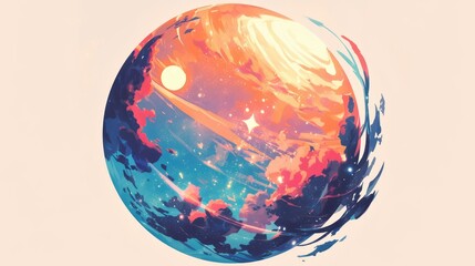 Wall Mural - an artful depiction of a nebula icon is illustrated in a cartoon style set against a crisp white cir