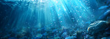 Fototapeta  - A peaceful underwater scene with blue backgrounds and sunlight, perfect for diving and exploring marine life.