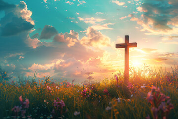 Christian cross on beautiful spring field with flowers at sunrise. Resurrection of Jesus, crucifixion. Easter morning, Good Friday. Peace and hope. Religion and christianity concept