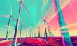 Illustrate a wind turbine field with a unique twisted perspective using a vector art technique Highlight the movement of the blades in a stylized and colorful manner, conveying a sense of energy in mo