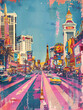 A vintage Las Vegas street scene with the neon lights of various palaces and no characters in view, rendered as a vertical stripes pattern in pastel pink, purple, blue,green, yellow, orange and white.