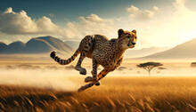 A Cheetah Running At Full Speed Across The South African Savanna.
