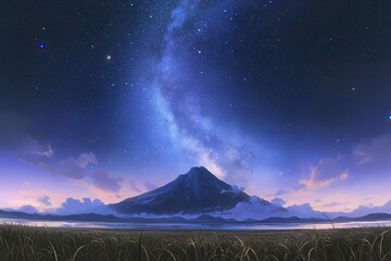 Wall Mural - mountains in the background and an arching galaxy across the sky.