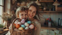 Photo Of A Happy Mother And Her Son Holding A Basket Full Of Colorful Easter Eggs.