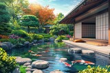 Fototapeta  - A traditional Japanese tea ceremony taking place in a peaceful garden adorned with vibrant greenery and colorful koi ponds.