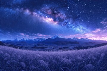 Wall Mural - mountains in the background and an arching galaxy across the sky.