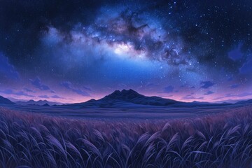 mountains in the background and an arching galaxy across the sky.