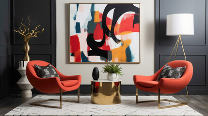 Immerse yourself in a vibrant lounge haven featuring two sleek chrs, an empty frame, and lively graphic prints adding vibrancy to the space. 