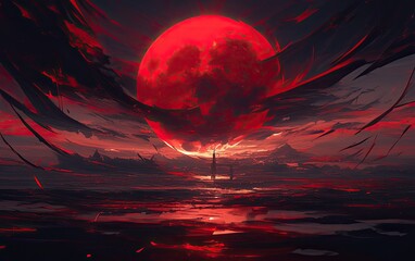 Wall Mural - Red planet in space, nebula and asteroid field. Red star with blue glow on black background. Digital art illustration.
