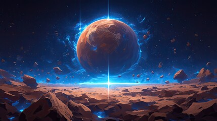Wall Mural - Red planet in space, nebula and asteroid field. Red star with blue glow on black background. Digital art illustration.